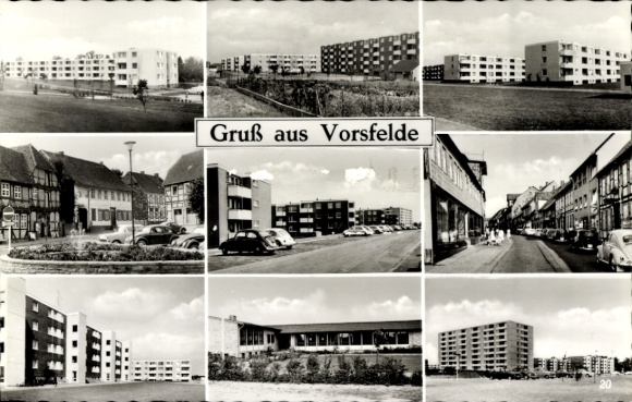 Postcard Vorsfelde Wolfsburg in Lower Saxony, view with houses, streets and cars, greetings from Vorsfe