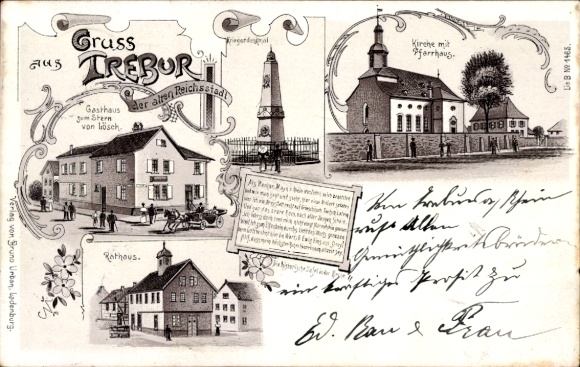 Chromo-Litho Trebur am Rhein, Gasthaus zum Stern, owner Lösch, church, rectory, town hall, war memorial