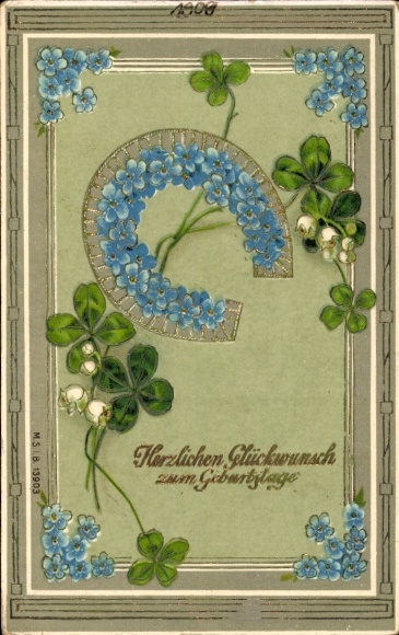 Postcard Happy Birthday, horseshoe, forget-me-not, clover