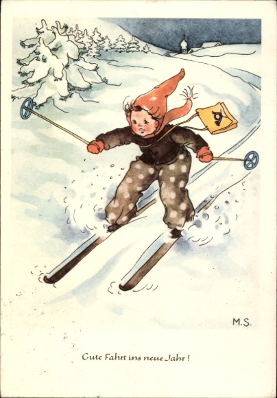 Artist Postcard Savelsberg, Margret, Happy New Year, child on skis