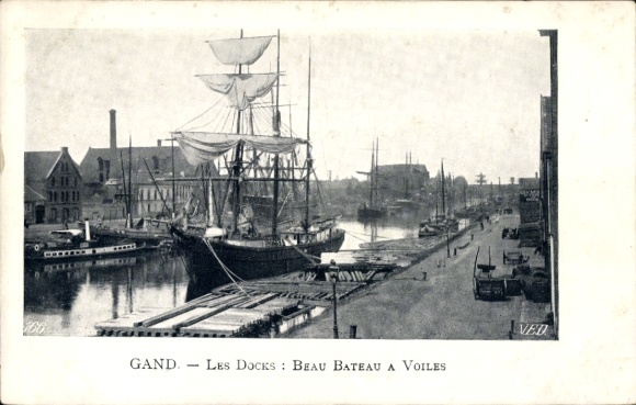 Ak Gand Gent Oost-Vlaanderen, schip in de haven, dokken, zeilschip, water, havenfaciliteiten