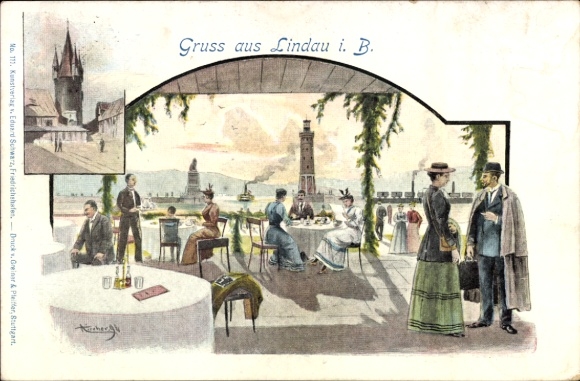 Künstler Ak Lindau am Bodensee Schwaben, Terrasse am Hafen, Gäste, Turm, Leuchtturm
