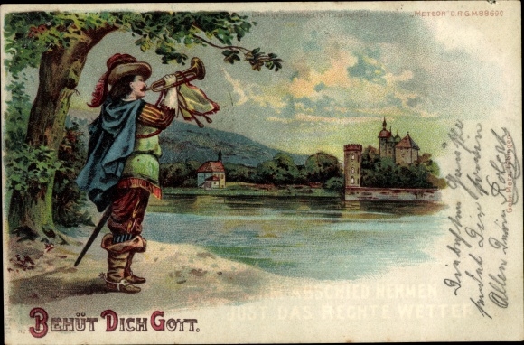 Hold against the light Chromo-Litho Trumpeter von Säckingen, God protect you, meteor
