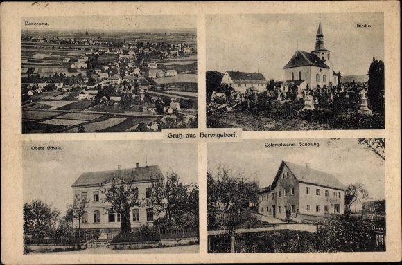 Ansichtkaart Herwigsdorf Rosenbach in Oberlausitz, kerk, bovenbouw, kruidenierswinkel, afstandsschot