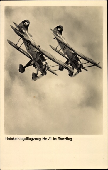 Postcard Heinkel He 51, fighter planes diving, Luftwaffe, II. WW