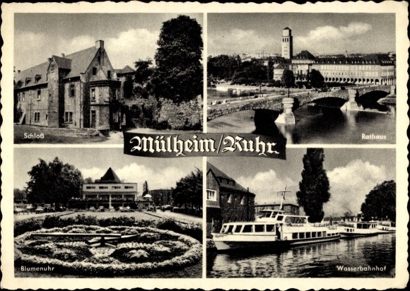 Postcard Mülheim an der Ruhr, castle, town hall, water station, flower clock