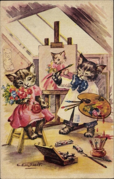 Kunstenaar Ak Gehumaniseerde katten, schilder, schildersezel, model