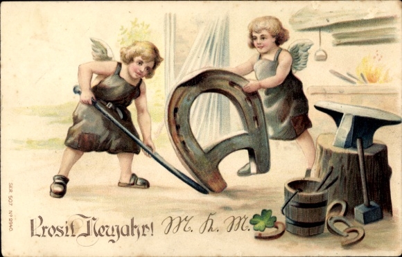 Embossing Chromo-Litho Happy New Year, Angel as Blacksmith, Horseshoe