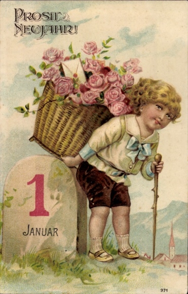 Embossed PC New Year, 1 January, boy carrying basket full of roses, letter