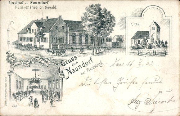 Chromo-Litho Naundorf near Reideburg Dölbau in the Saalekreis, Gasthof Friedrich Hewald, hall, church