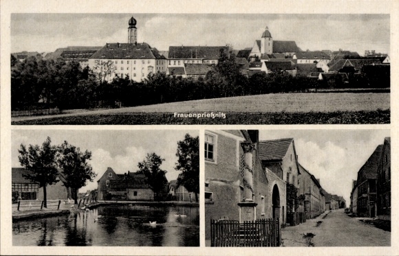 Postcard Frauenprießnitz in Thuringia, view of the town, street view, pond