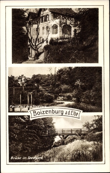 Postcard Boizenburg on the Elbe, city park, bridge, building