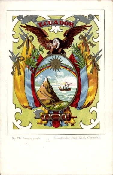 Coat of arms PC Ecuador, ship, condor, flags, Paul Kohl art publisher No. 71