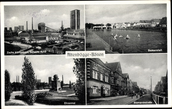 Ak Altenbögge Bönen in Westfalen, Zeche Königsborn Schacht III/IV, Badeanstalt, Ehrenmal, Bismarckst