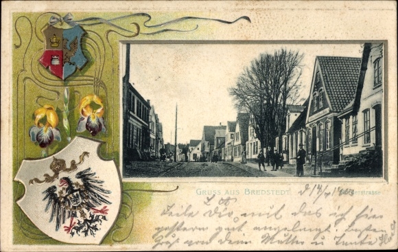Embossed coat of arms Postcard Bredstedt in North Frisia, street section