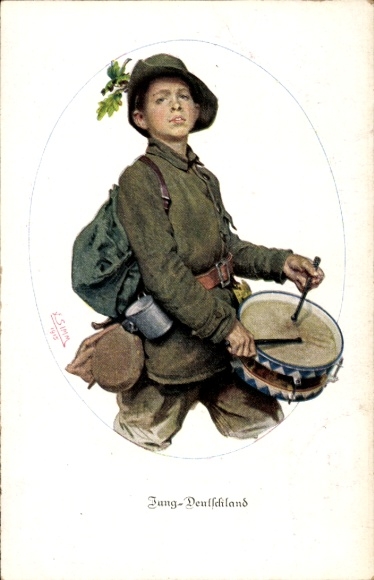 Artist Postcard Jung Deutschland, youth brigade, drummers, Bavarian State Committee for Voluntary Nursing