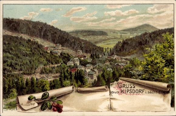 Artist Chromo-Litho Spindler, Erwin, Kipsdorf Altenberg in the Ore Mountains, town with a view of the landscape