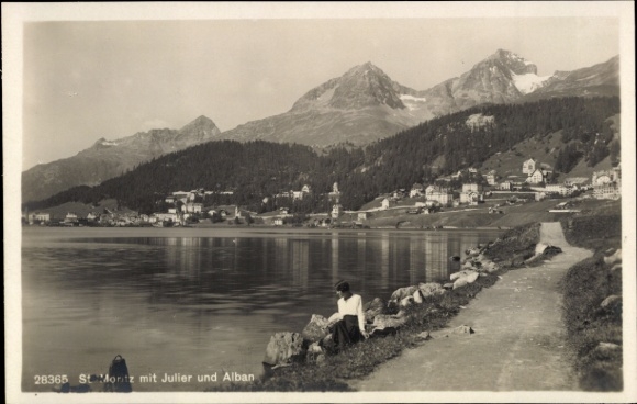 Postcard Sankt Moritz Canton Graubünden, town with Julier and Alban