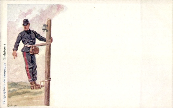 Artist Postcard Geens, Louis, Field Telegraphist, Soldier on a Telegraph Pole