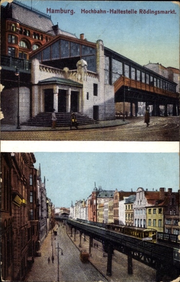Postcard Hamburg, view of the elevated railway station Rödingsmarkt, railway