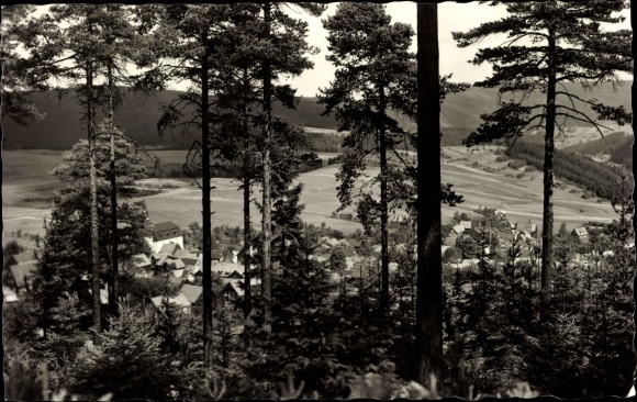 Postcard Meura in Thuringia, view from the forest to the place