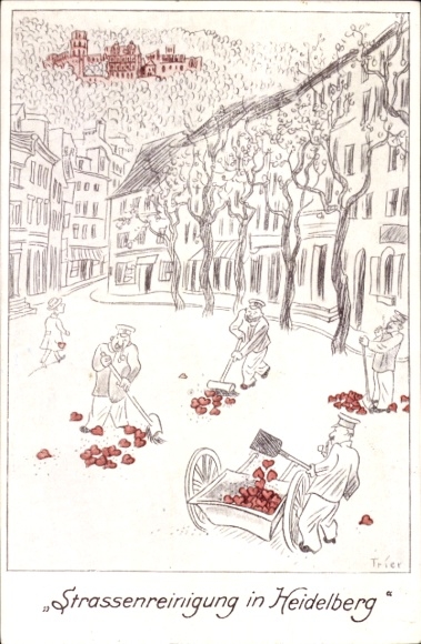 Artist Postcard Heidelberg am Neckar, street cleaning, hearts