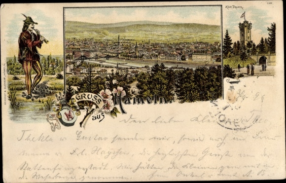 litho Hamelen aan de Weser, rattenvanger, Panorama, Klütturm