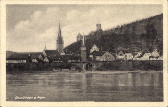 Postcard Gemünden am Main Lower Franconia, bridge, church, tower