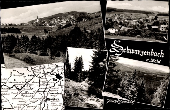 Postcard Schwarzenbach am Wald Upper Franconia, panorama, map, Franconian Forest