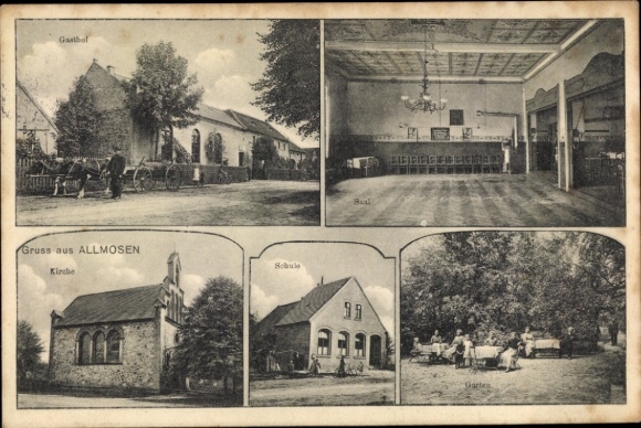 Postcard Allmosen Großräschen in Lower Lusatia, inn, church, school