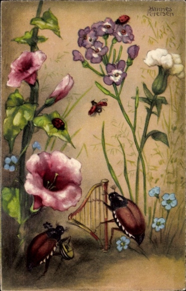 Artist Postcard Petersen, H., Musical Maybugs, Ladybugs, Flowers