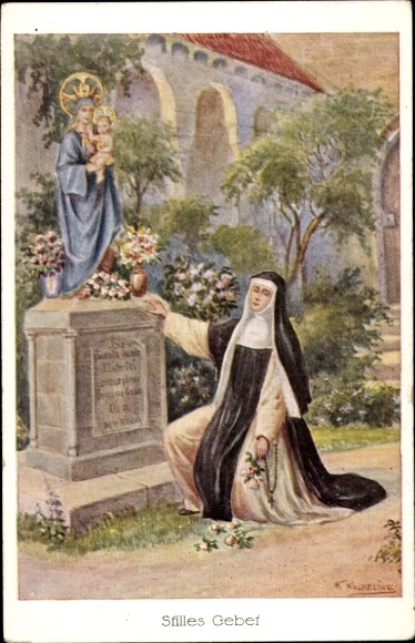 Postcard Kevelaer on the Lower Rhine, A nun kneels in front of a statue of Mary.