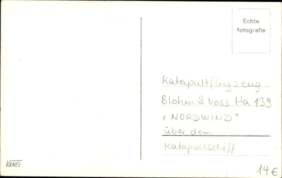 Postcard Blohm &amp; Voss Ha 139 catapult mail plane Nordwind, catapult ship