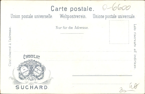 Chromo-Litho Greiz in Vogtland, castle, advertising, Chocolat Suchard, woman in traditional costume