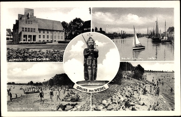 Ak Schulau Wedel an der Elbe, Hafen, Roland, Strandbad, neues Rathaus