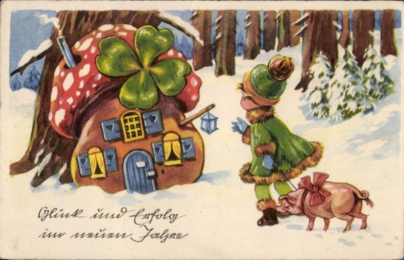 Postcard luck and success in the new year, mushroom house, gnome, pig