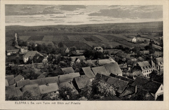 Postcard Prietitz Elstra Oberlausitz, view of tower, fields, houses, landscape