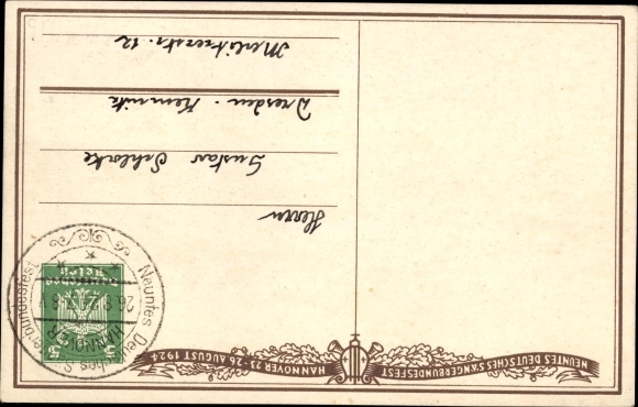 Postal stationery Postcard 9. German National Singers Festival Hanover 1924, motto Johannes Redlin, Hindenburg