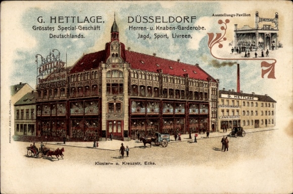 Litho Düsseldorf, Spezialgeschäft G. Hettlage, Ausstellungspavillon, Klosterstraße und Kreuzstrasse