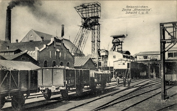 Postcard Gelsenkirchen in the Ruhr area, Rheinelbe mine, shafts I and II