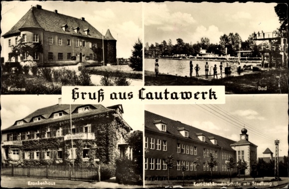Ak Lautawerk Lauta in der Lausitz, Krankenhaus, Rathaus, Bad, Karl Liebknecht Schule, Siedlung