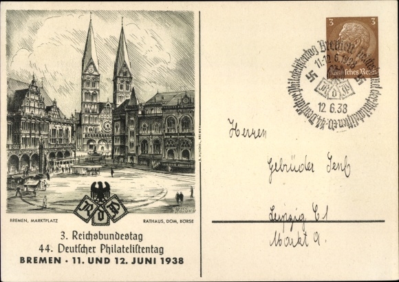 Postal stationery PC Hanseatic city of Bremen, 3rd Reichsbundestag, 44th German Philatelic Day, 11-12. June 1938