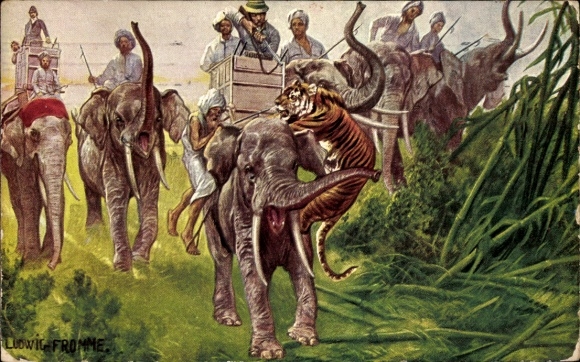 Artist PC Fromme, Ludwig, men on the tiger hunt, elephants