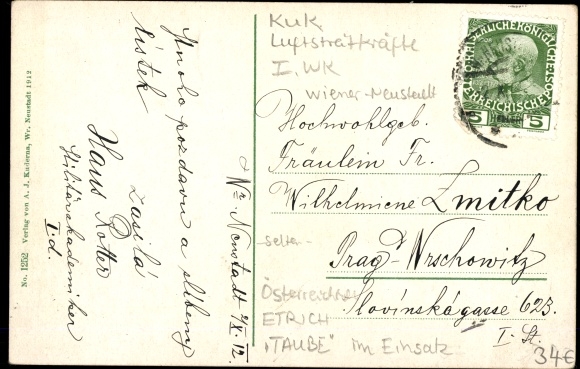 Postcard Kuk Luftwaffe I. WK, Austrian Etrich Taube in action, Wiener Neustadt