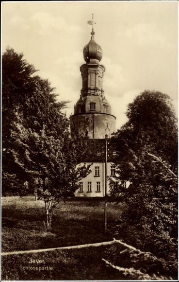 Postcard Jever in Oldenburg Friesland, castle, towers, trees, view, black and white photography