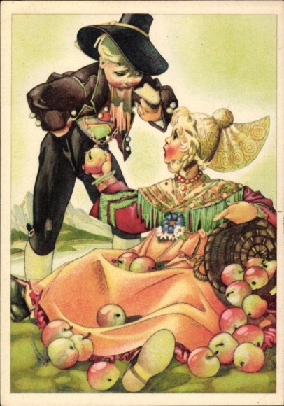 Artist Postcard Oberdonau, area of Linz, couple in traditional costumes, apples