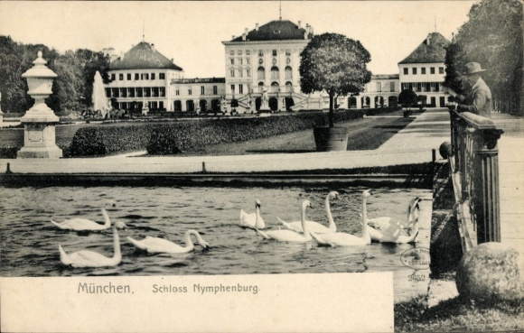 Ak Nymphenburg München Bayern, Schloss Nymphenburg, Schwäne im Wasser, Parklandschaft, München