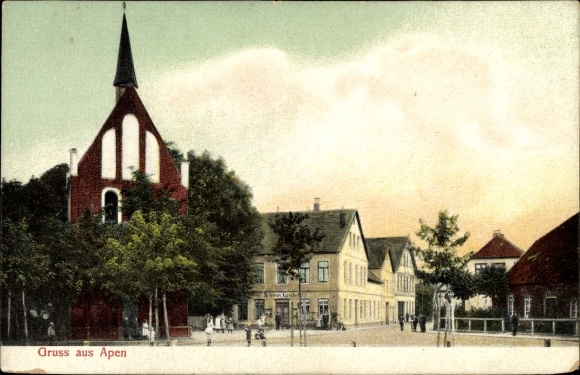 Postcard Apen in Oldenburg Ammerland, street section, church