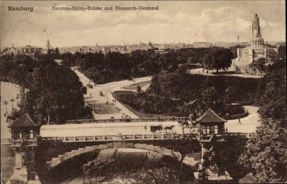 Postcard Hamburg Mitte St Pauli, Kersten Miles Bridge, Bismarck Monument