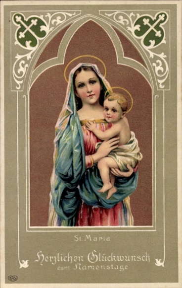 Embossed Passepartout Postcard congratulations name day, Mary with Jesus